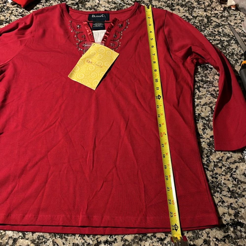 NWT Denim&Co Beaded Red Blouse T-shirt material Sz M - Picture 10 of 11